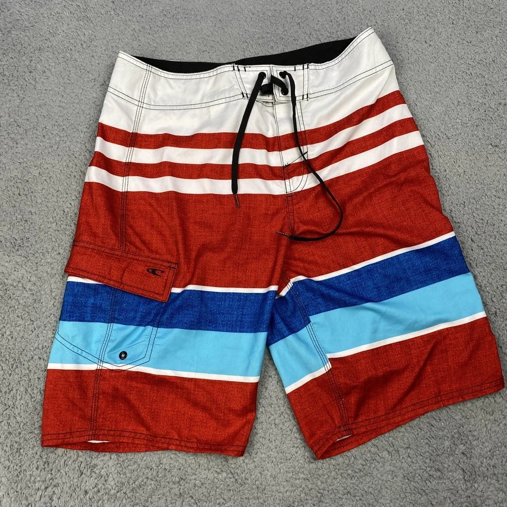 O'Neill Shorts‎ Mens 31 Red Blue White Striped Boardshorts Swim Trunks Pocket